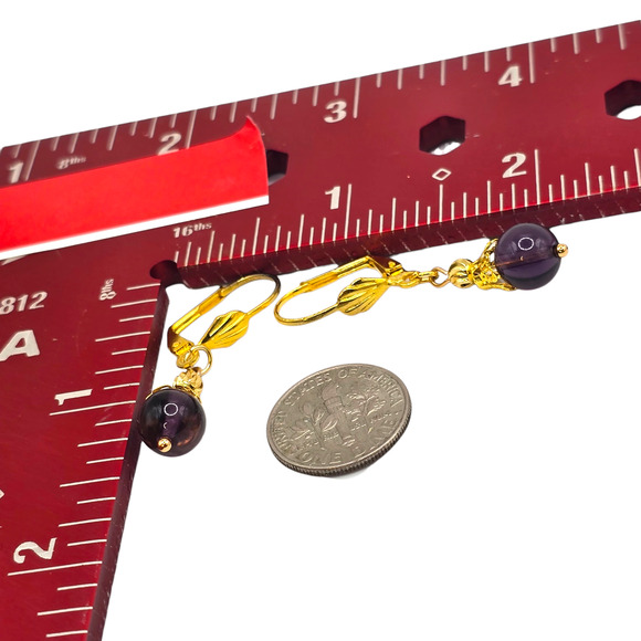 Amethyst Bead Pierced Earrings Dangle Drop Gold Tone Leverback 8mm SKU 2805 - Picture 6 of 8